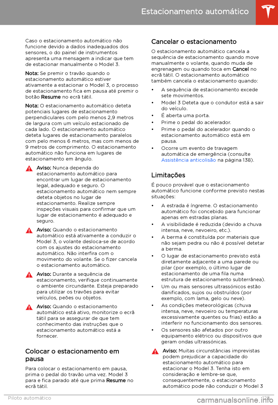 TESLA MODEL 3 2020  Manual do proprietário (in Portuguese) Caso o estacionamento autom