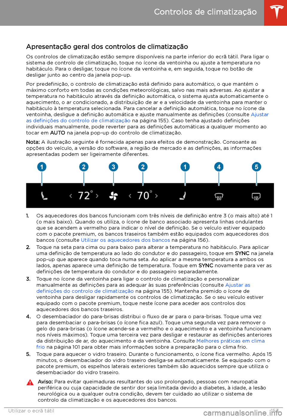 TESLA MODEL 3 2020  Manual do proprietário (in Portuguese) Controlos de climatiza