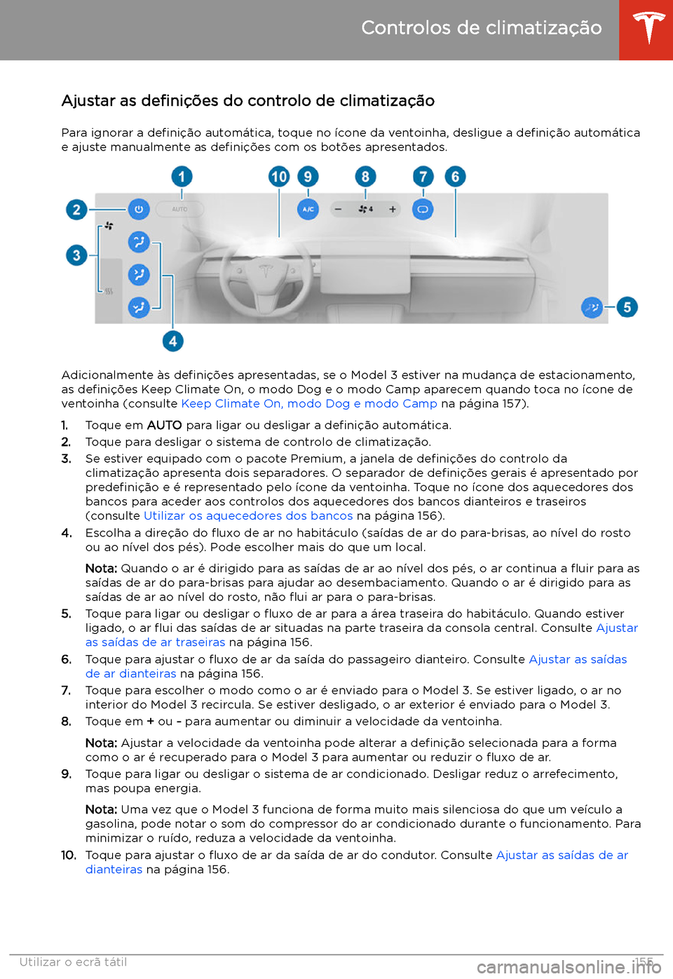TESLA MODEL 3 2020  Manual do proprietário (in Portuguese) Ajustar as de