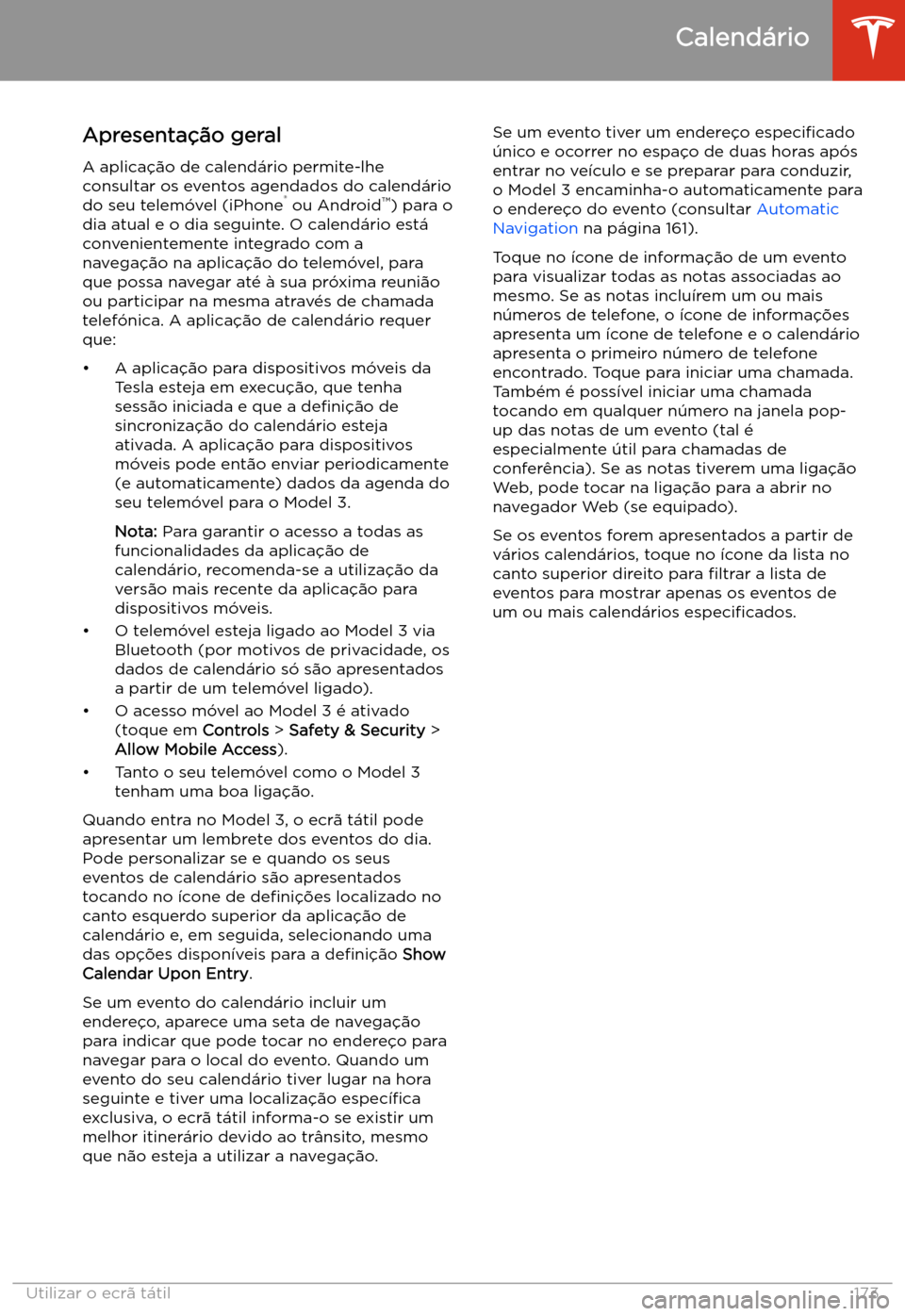 TESLA MODEL 3 2020  Manual do proprietário (in Portuguese) Calend
