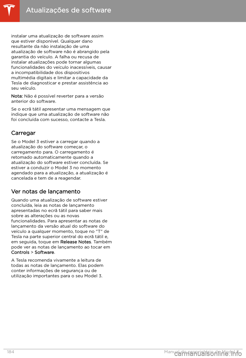 TESLA MODEL 3 2020  Manual do proprietário (in Portuguese) instalar uma atualiza