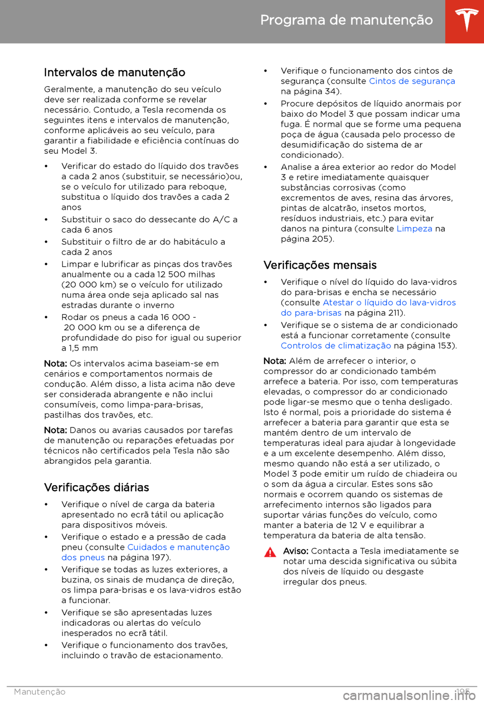 TESLA MODEL 3 2020  Manual do proprietário (in Portuguese) Manuten