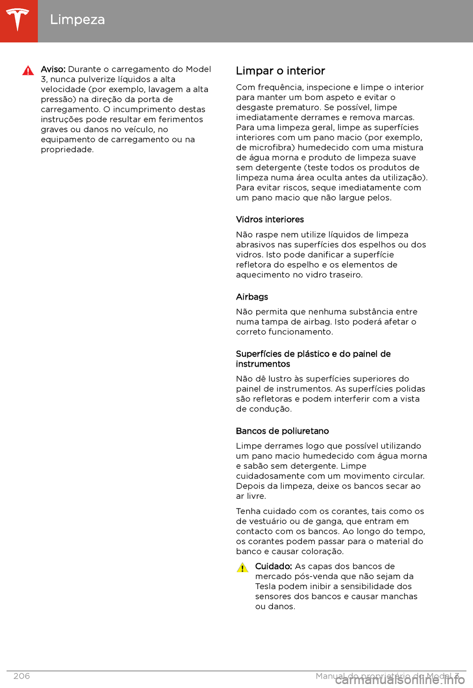 TESLA MODEL 3 2020  Manual do proprietário (in Portuguese) Aviso: Durante o carregamento do Model
3, nunca pulverize l