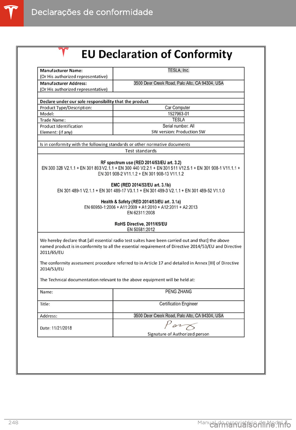TESLA MODEL 3 2020  Manual do proprietário (in Portuguese) Declara