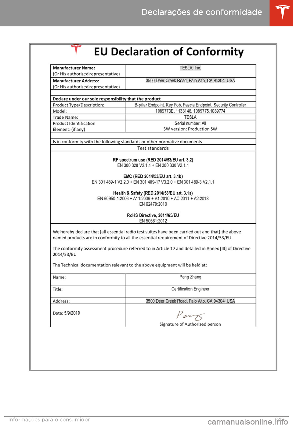 TESLA MODEL 3 2020  Manual do proprietário (in Portuguese) Declara