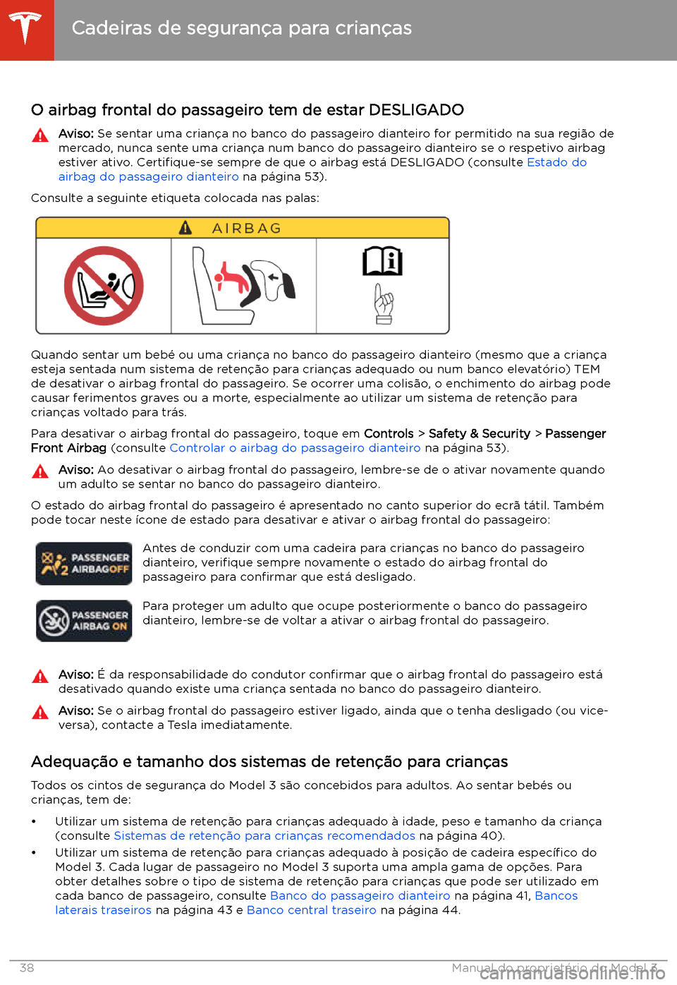 TESLA MODEL 3 2020  Manual do proprietário (in Portuguese) Cadeiras de seguran