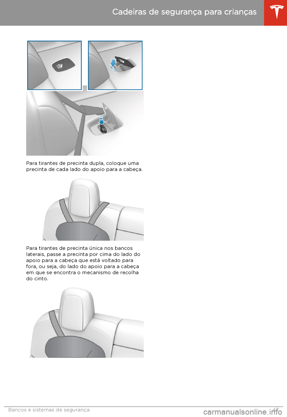 TESLA MODEL 3 2020  Manual do proprietário (in Portuguese) Para tirantes de precinta dupla, coloque uma
precinta de cada lado do apoio para a cabe