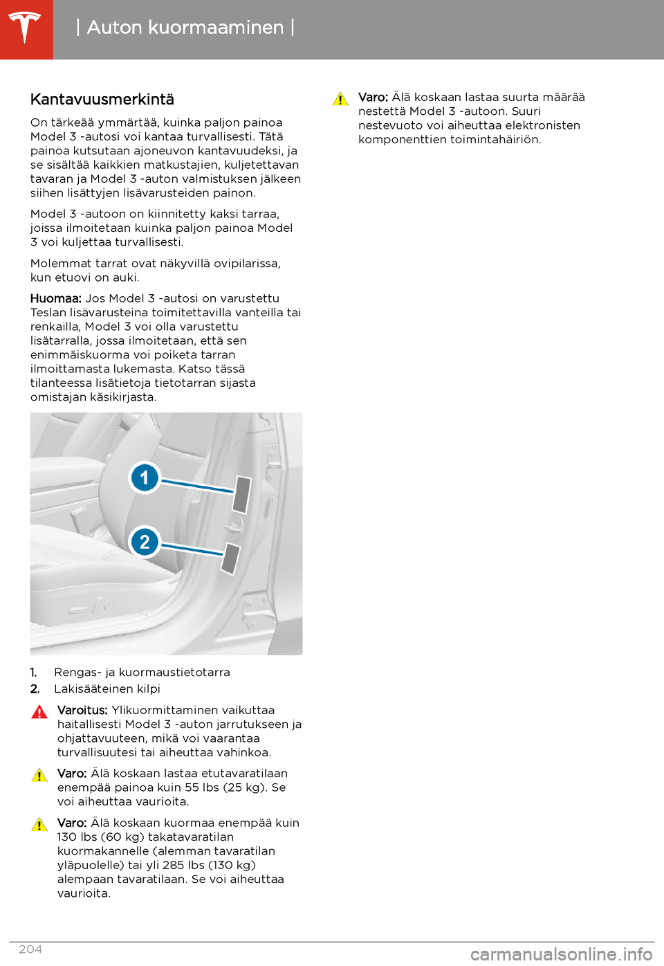 TESLA MODEL 3 2020  Omistajan käsikirja (in Finnish) Auton kuormaaminen
Kantavuusmerkint