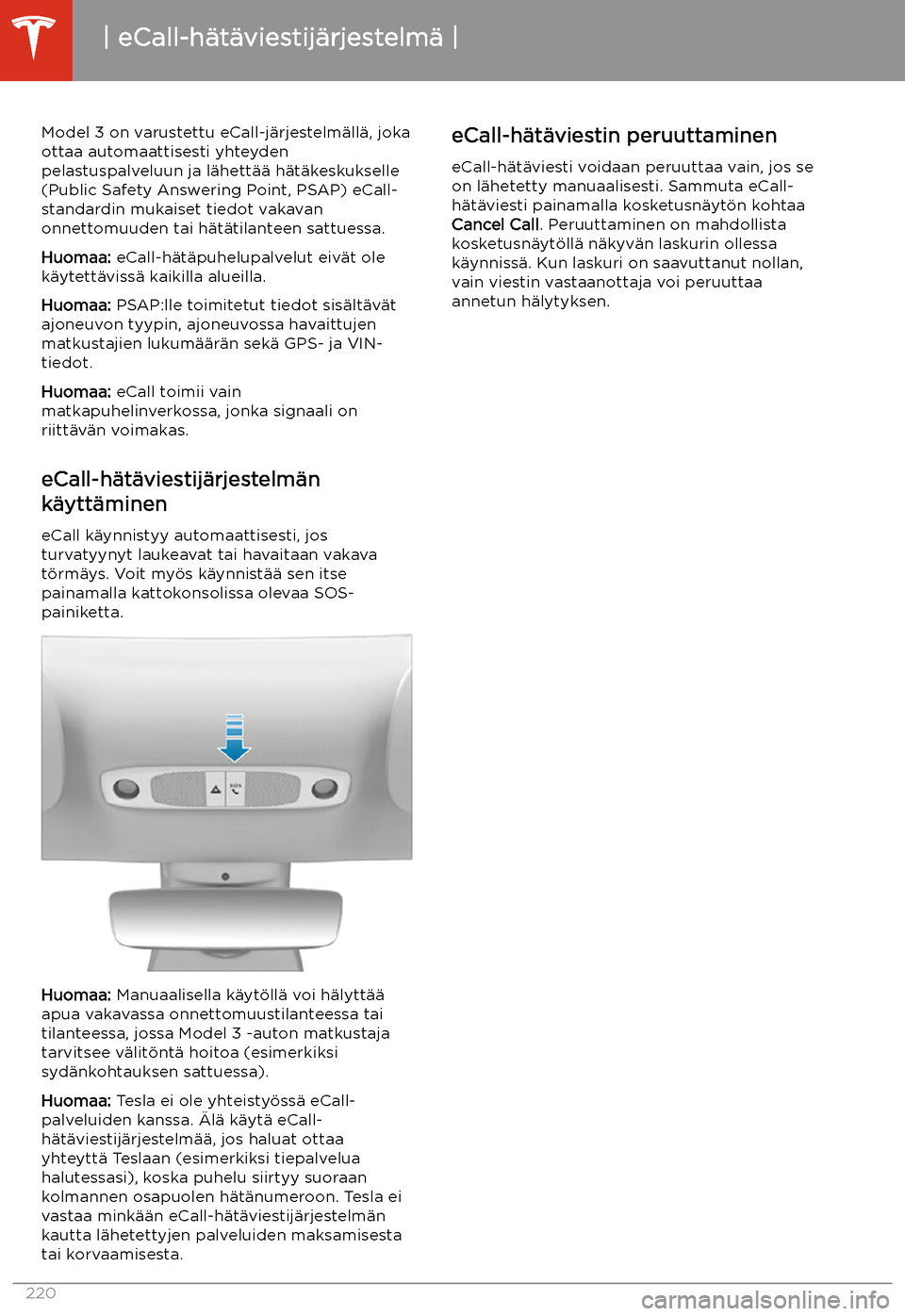 TESLA MODEL 3 2020  Omistajan käsikirja (in Finnish) eCall-h