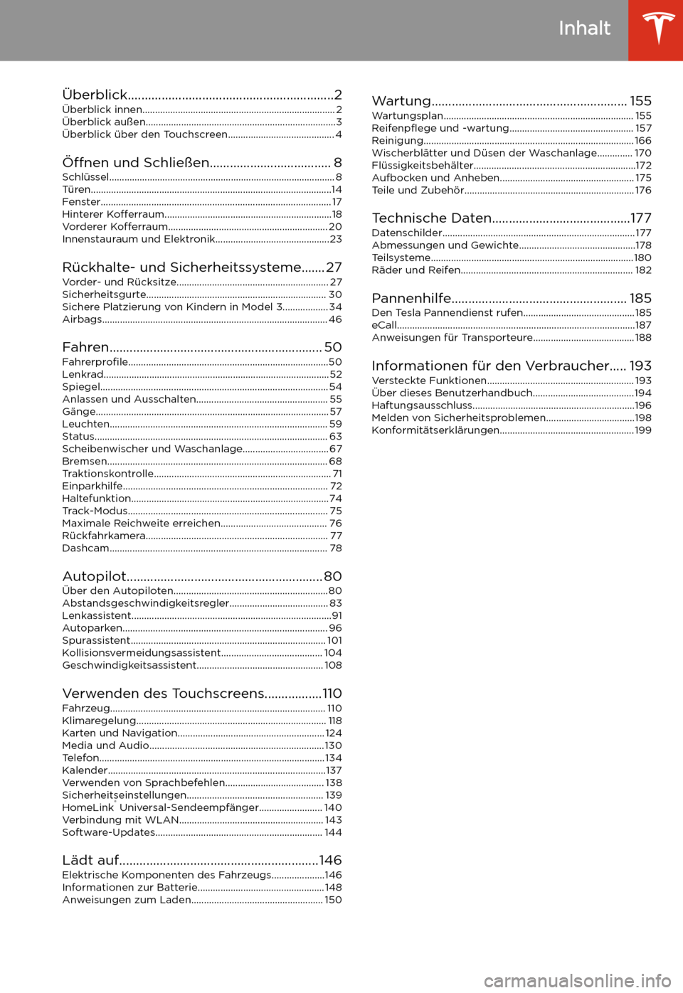TESLA MODEL 3 2019  Betriebsanleitung (in German) Inhalt
