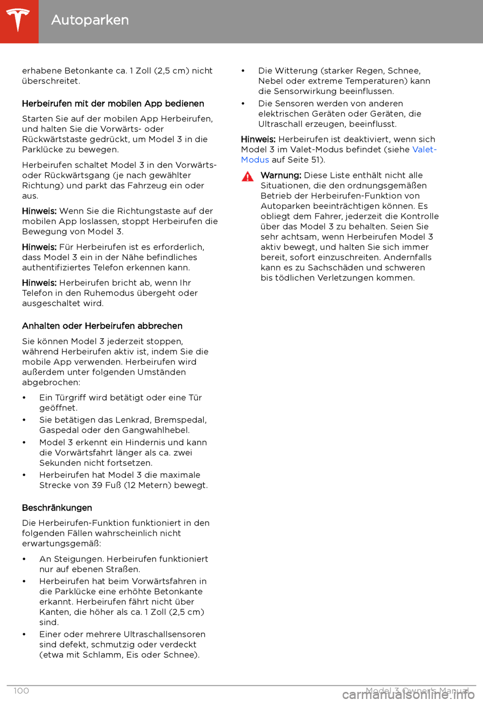 TESLA MODEL 3 2019  Betriebsanleitung (in German) erhabene Betonkante ca. 1 Zoll (2,5 cm) nicht
