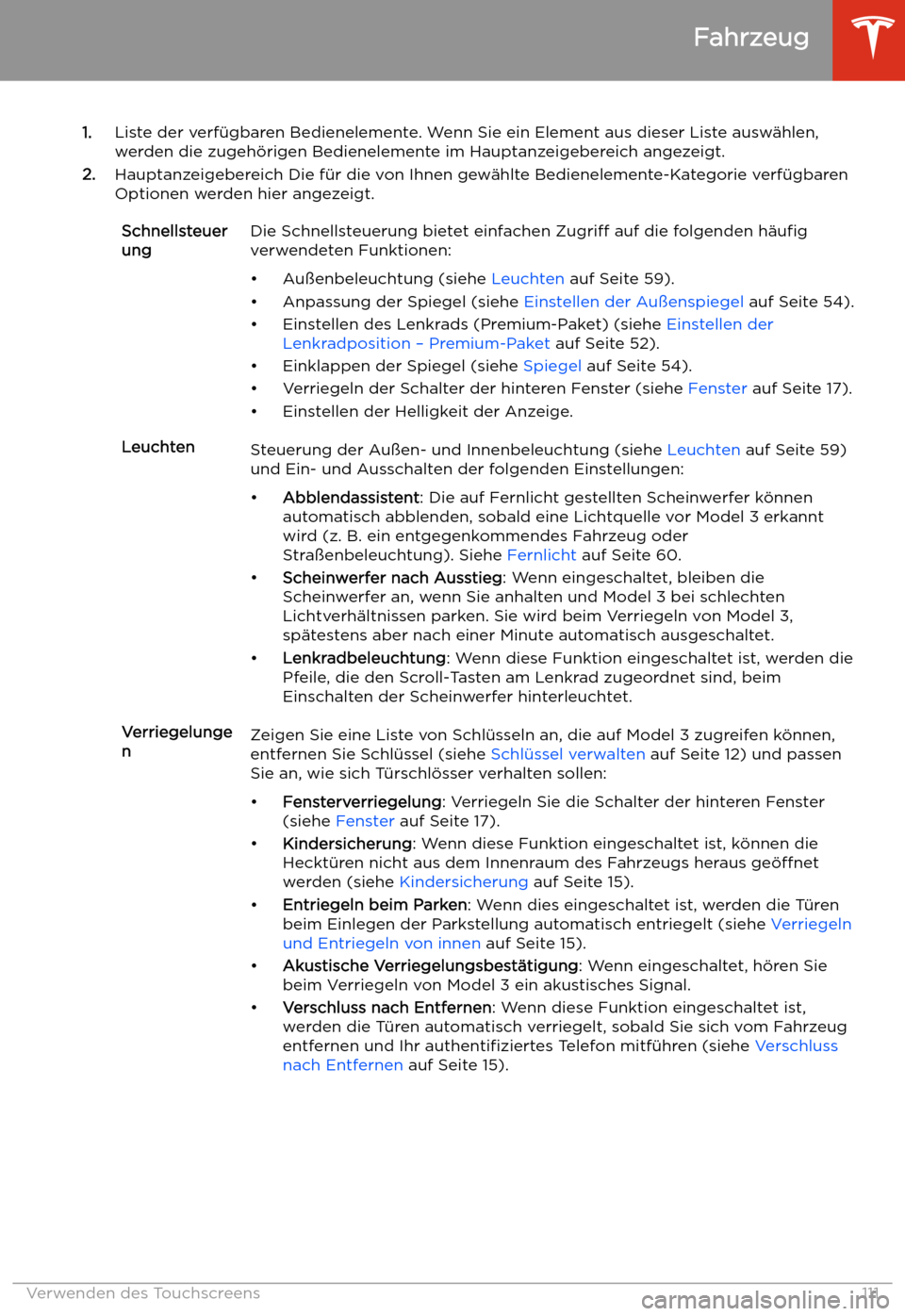 TESLA MODEL 3 2019  Betriebsanleitung (in German) 1.Liste der verf