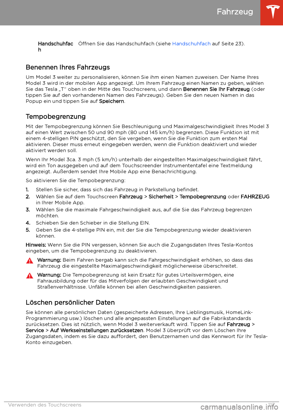 TESLA MODEL 3 2019  Betriebsanleitung (in German) Handschuhfac
h