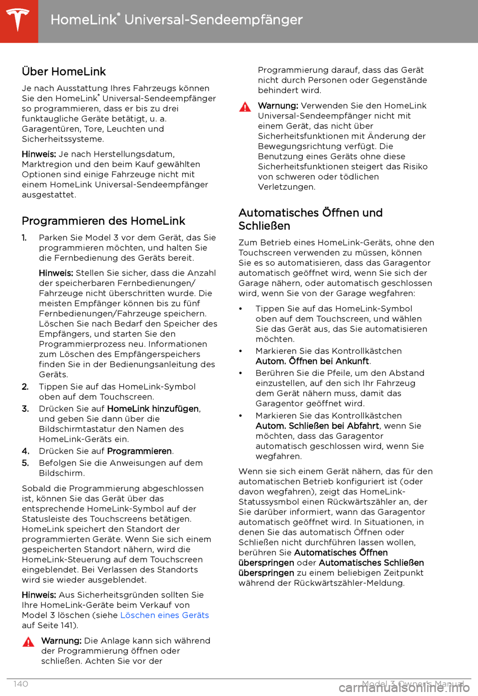 TESLA MODEL 3 2019  Betriebsanleitung (in German) HomeLink