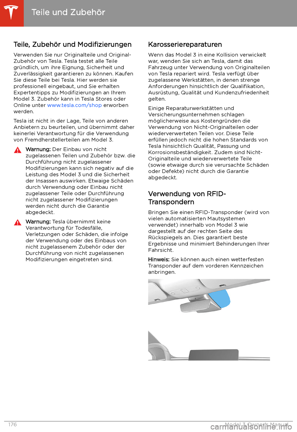 TESLA MODEL 3 2019  Betriebsanleitung (in German) Teile und Zubeh