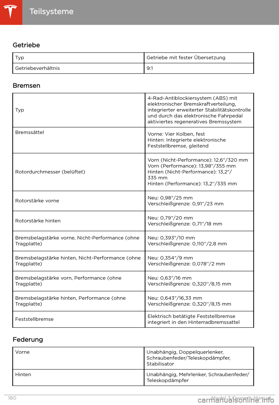 TESLA MODEL 3 2019  Betriebsanleitung (in German) Teilsysteme
Getriebe
TypGetriebe mit fester 