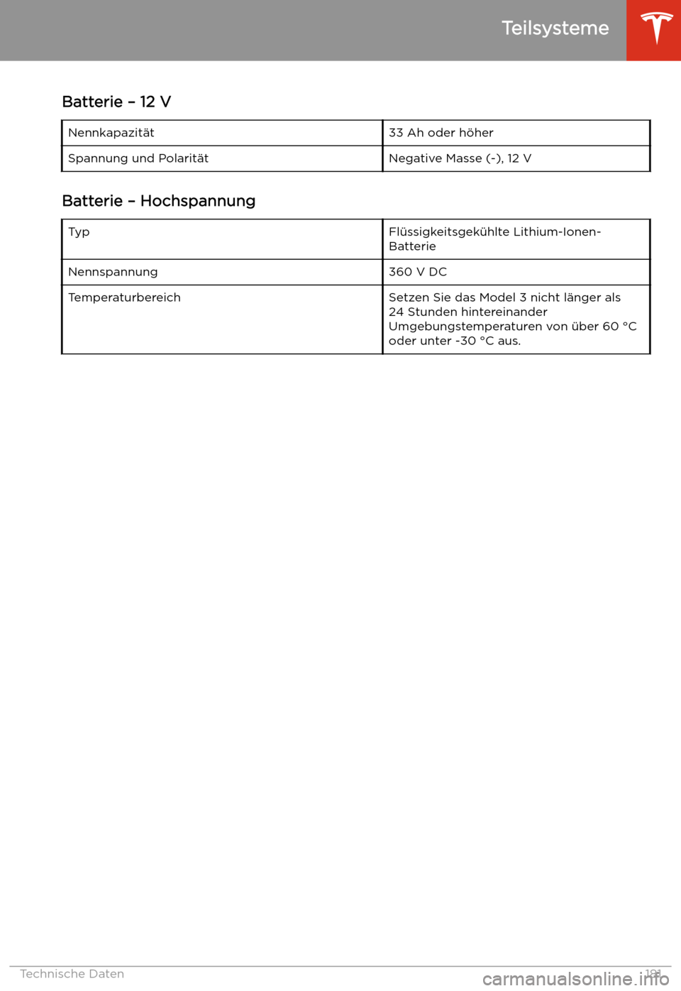 TESLA MODEL 3 2019  Betriebsanleitung (in German) Batterie 
