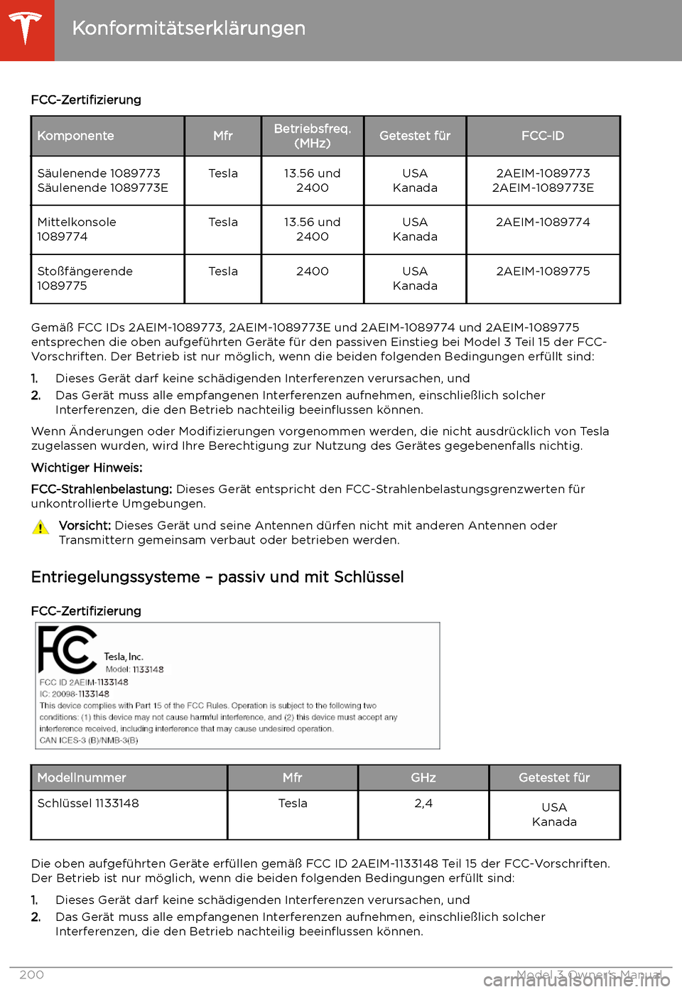 TESLA MODEL 3 2019  Betriebsanleitung (in German) FCC-ZertifizierungKomponenteMfrBetriebsfreq.(MHz)Getestet f