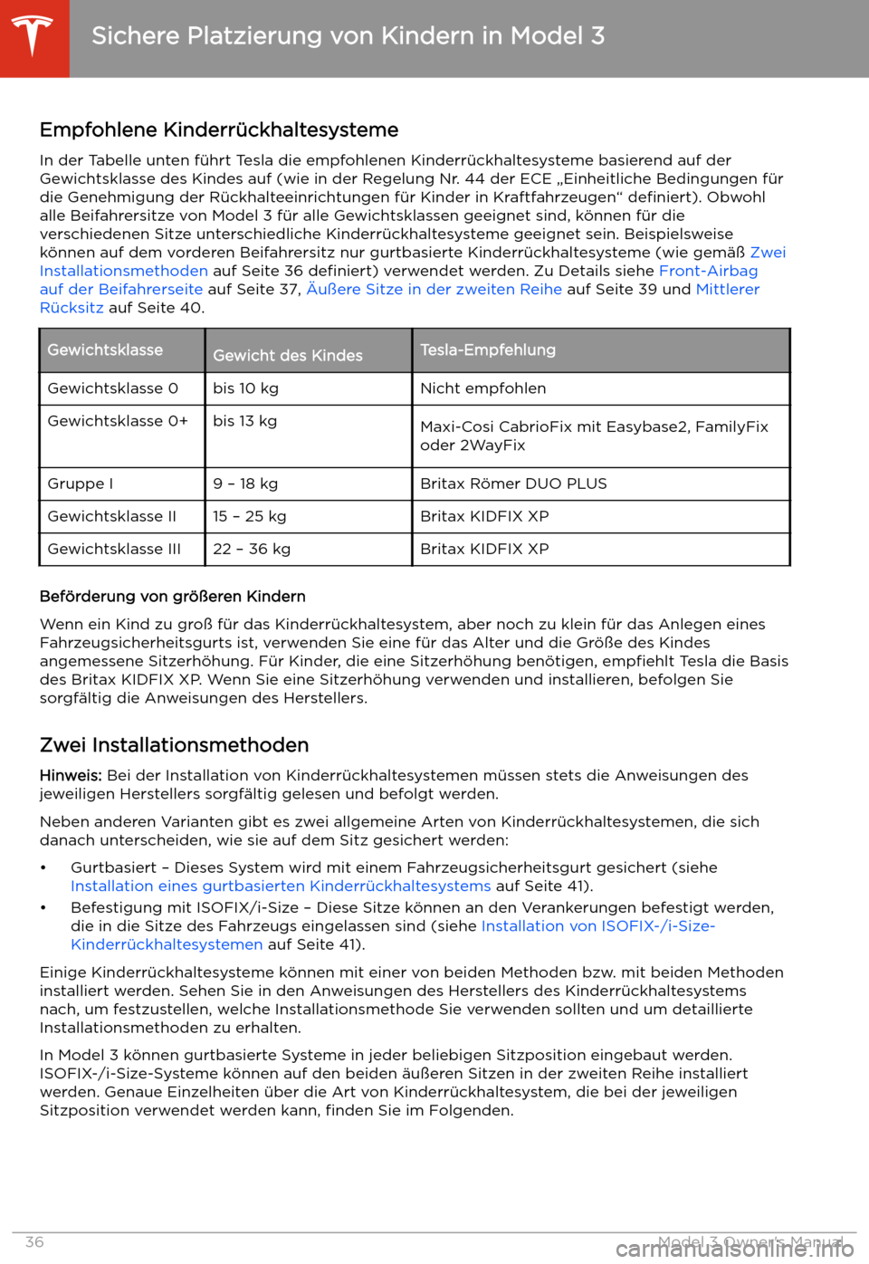 TESLA MODEL 3 2019  Betriebsanleitung (in German) Empfohlene Kinderr