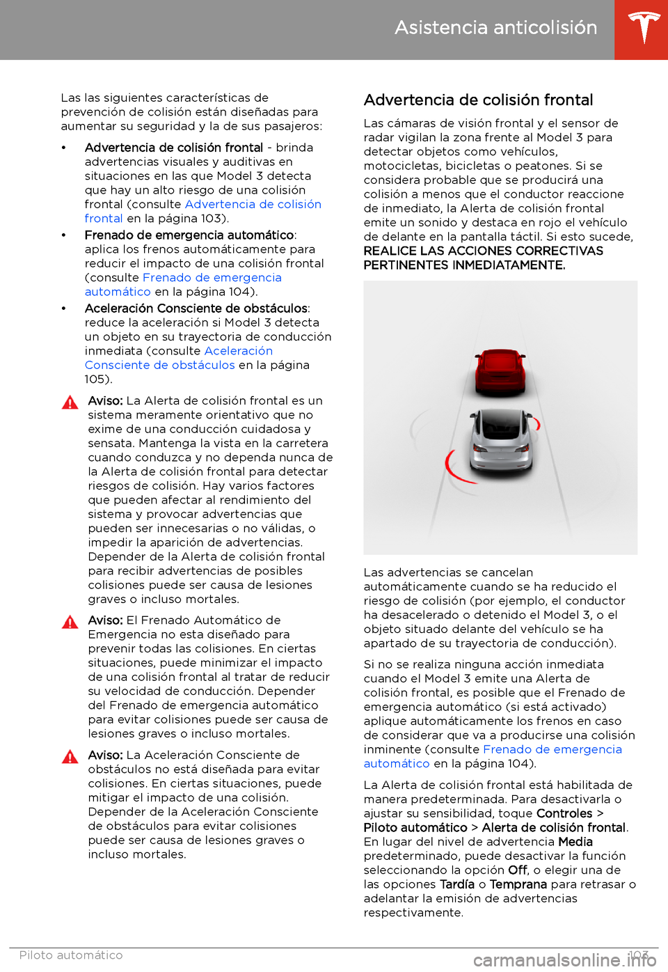 TESLA MODEL 3 2019  Manual del propietario (in Spanish)  Asistencia anticolisi