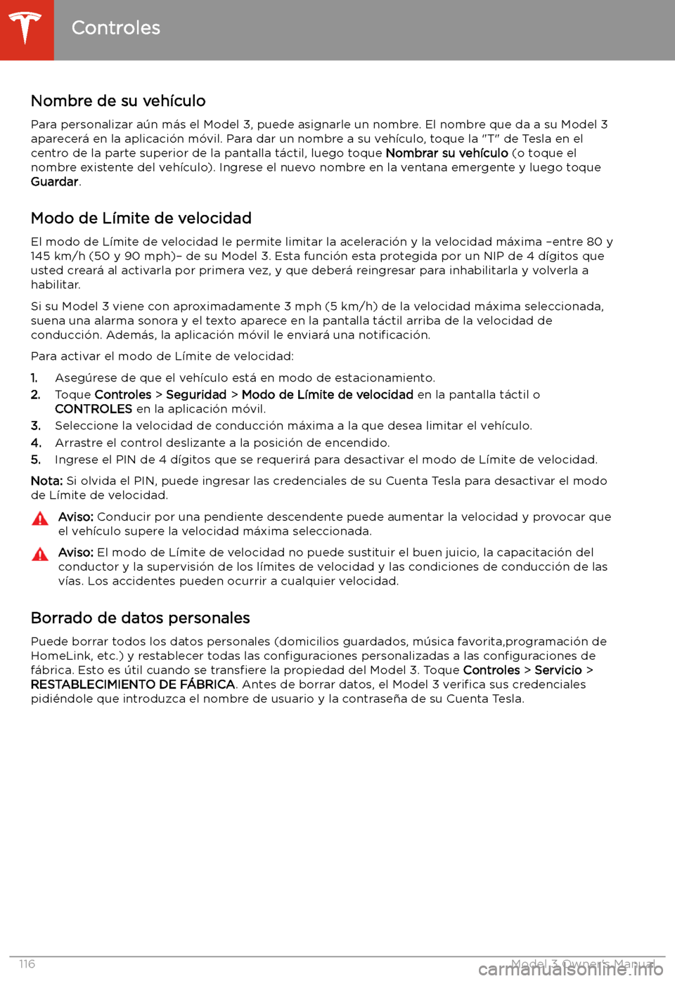 TESLA MODEL 3 2019  Manual del propietario (in Spanish)  Nombre de su veh