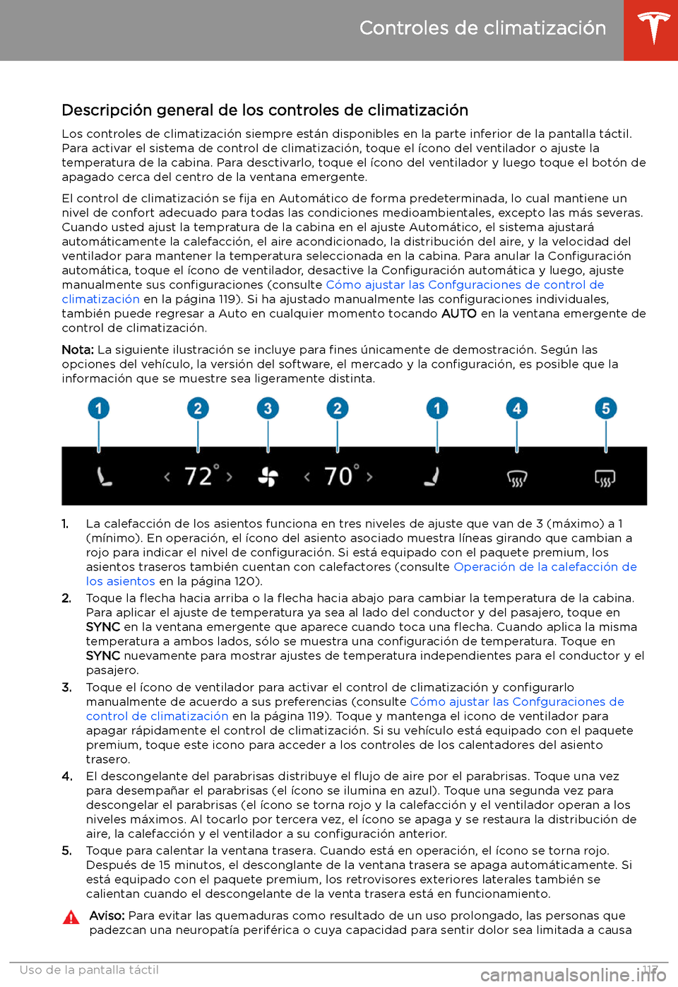 TESLA MODEL 3 2019  Manual del propietario (in Spanish)  Controles de climatizaci