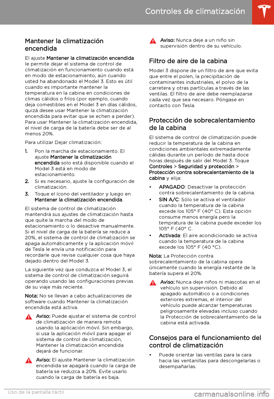 TESLA MODEL 3 2019  Manual del propietario (in Spanish)  Mantener la climatizaci