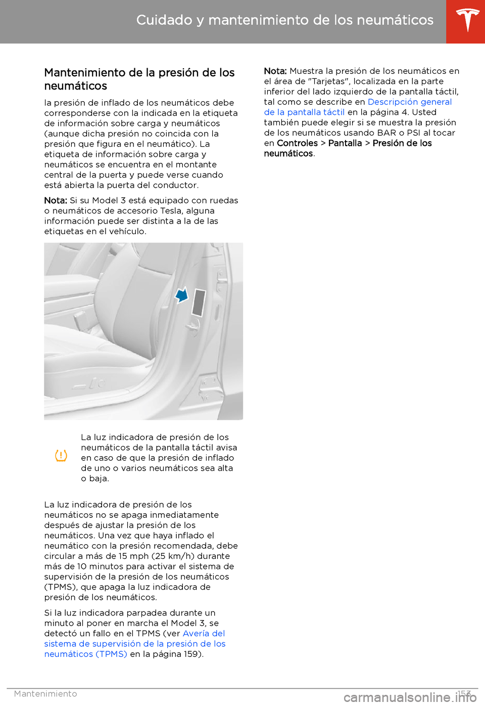 TESLA MODEL 3 2019  Manual del propietario (in Spanish)  Cuidado y mantenimiento de los neum