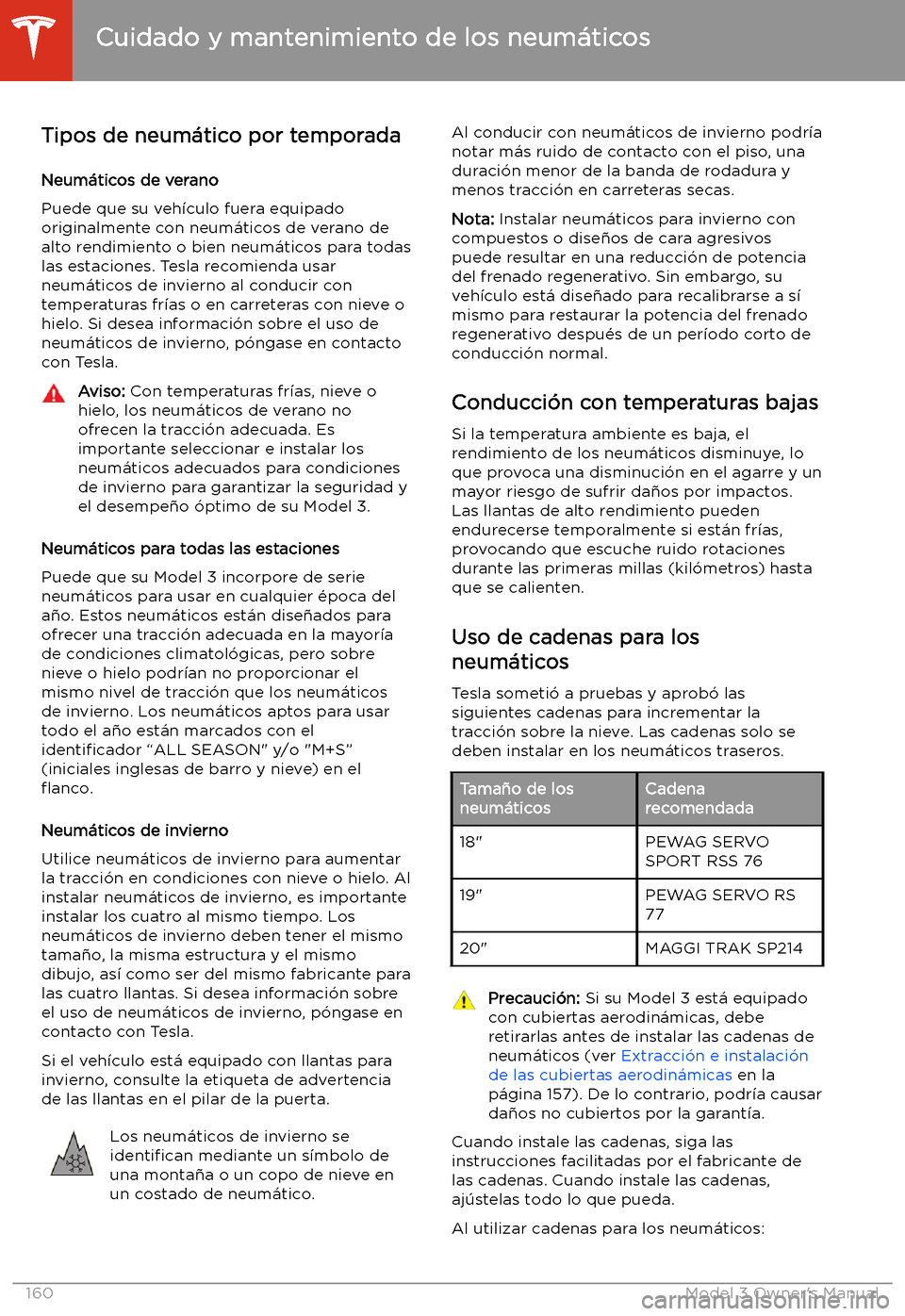 TESLA MODEL 3 2019  Manual del propietario (in Spanish)  Tipos de neum