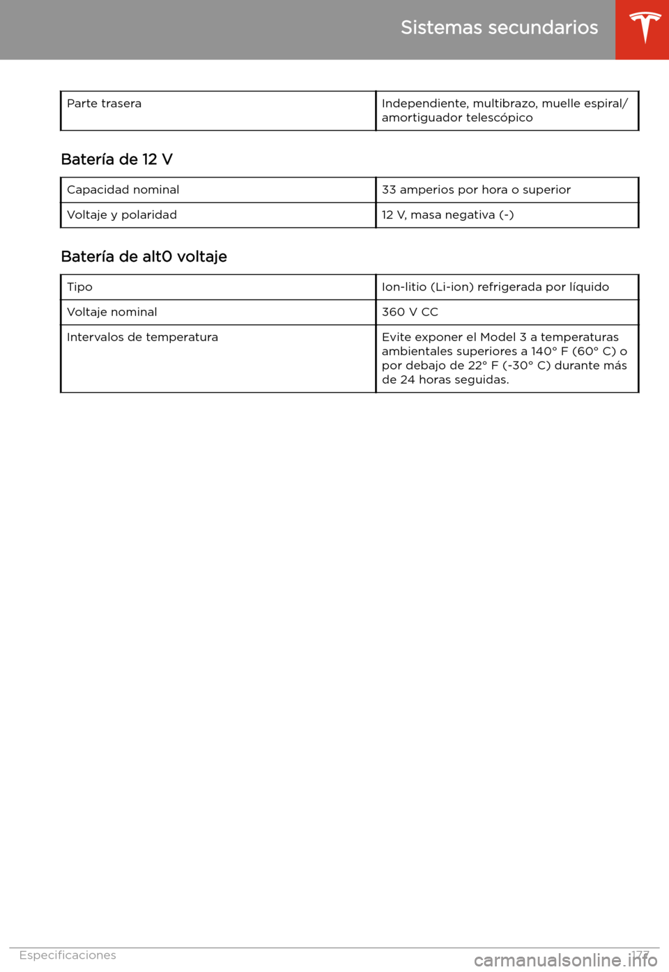 TESLA MODEL 3 2019  Manual del propietario (in Spanish)  Parte traseraIndependiente, multibrazo, muelle espiral/
amortiguador telesc