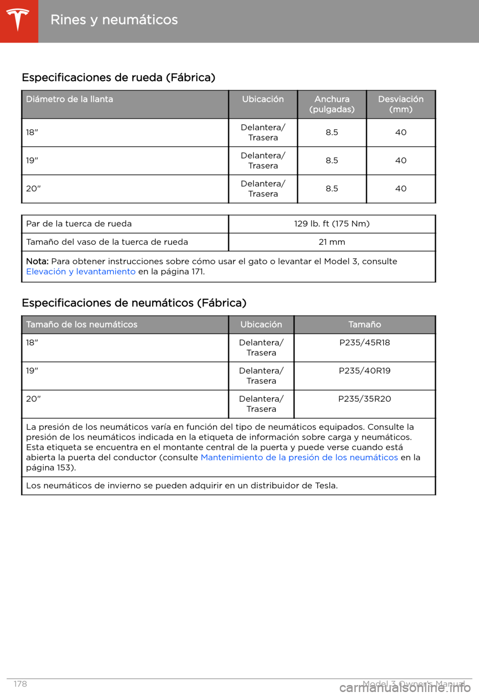 TESLA MODEL 3 2019  Manual del propietario (in Spanish)  Rines y neum