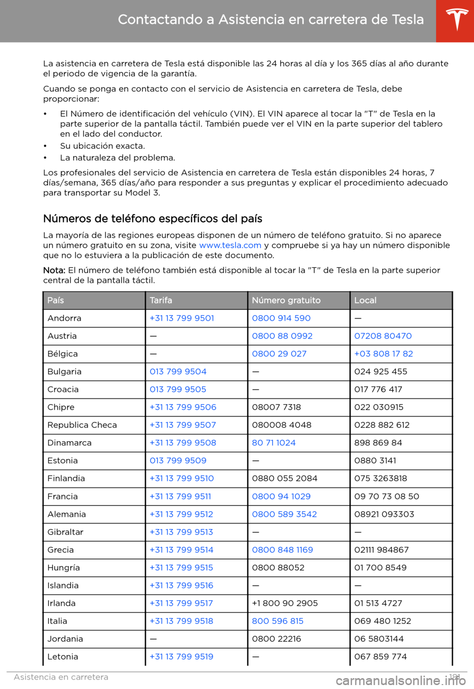 TESLA MODEL 3 2019  Manual del propietario (in Spanish)  Asistencia en carretera
Contactando a Asistencia en carretera de Tesla
La asistencia en carretera de Tesla est