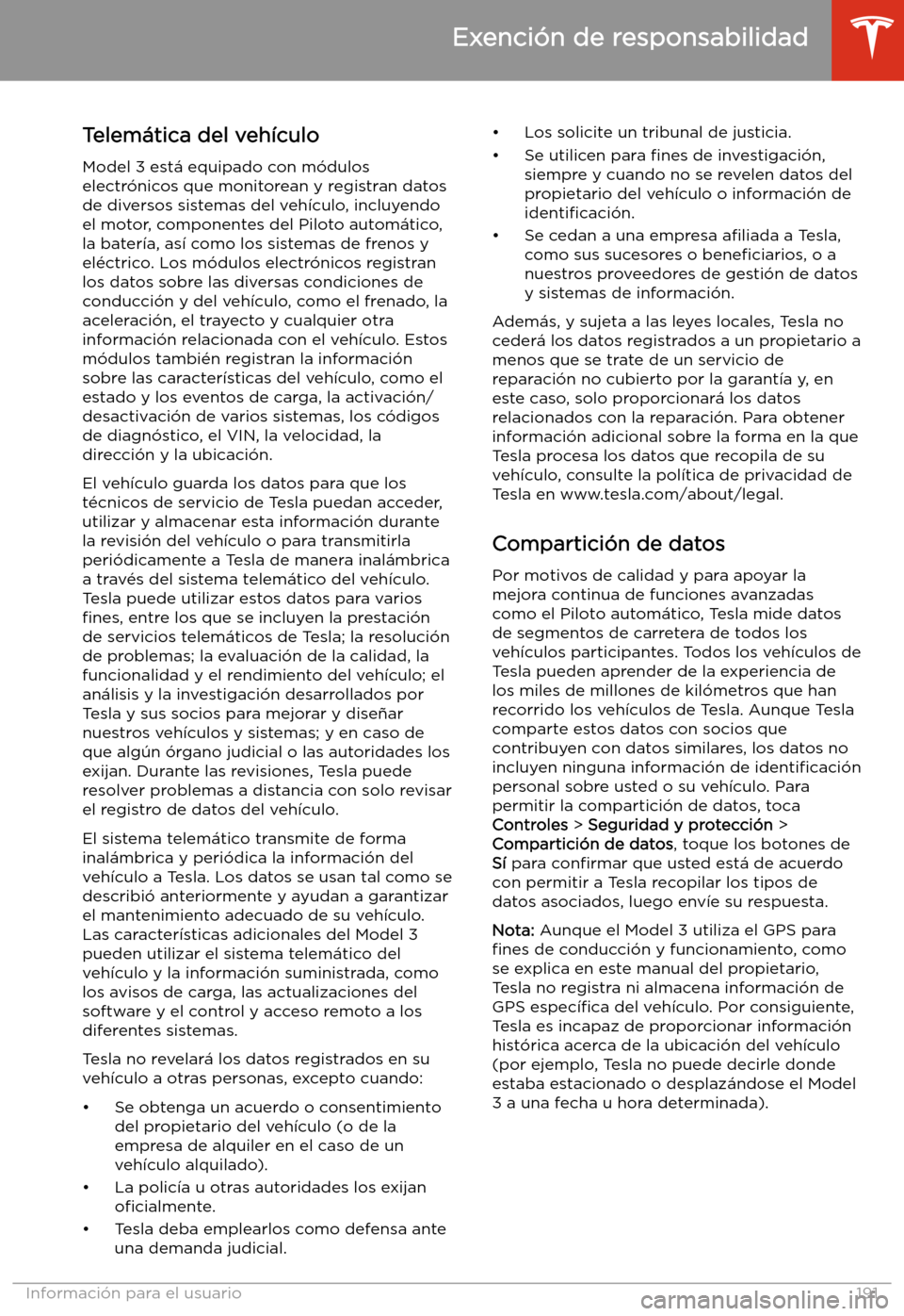 TESLA MODEL 3 2019  Manual del propietario (in Spanish)  Exenci