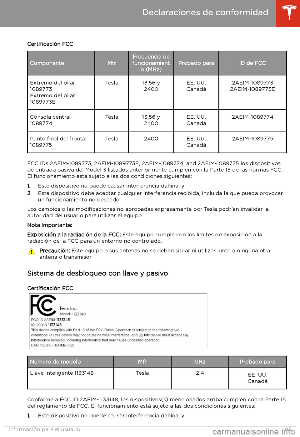 TESLA MODEL 3 2019  Manual del propietario (in Spanish)  Certi