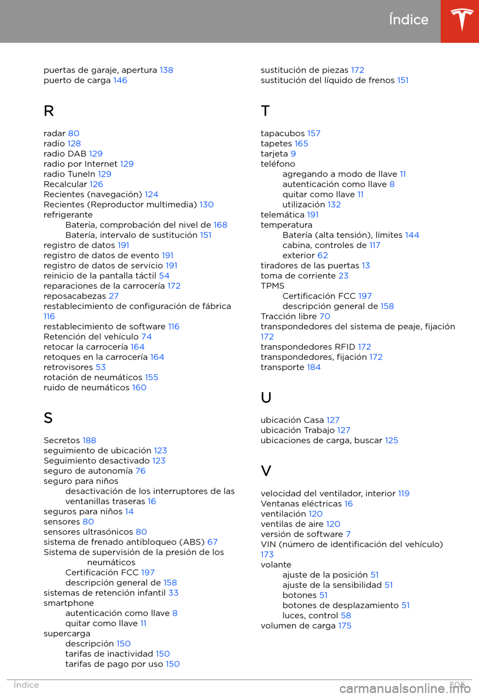 TESLA MODEL 3 2019  Manual del propietario (in Spanish)  puertas de garaje, apertura 138
puerto de carga  146
R
radar  80
radio  128
radio DAB  129
radio por Internet  129
radio TuneIn  129
Recalcular  126
Recientes (navegaci