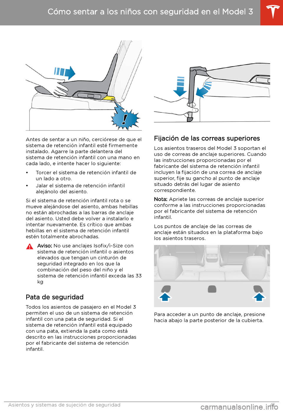 TESLA MODEL 3 2019  Manual del propietario (in Spanish)  Antes de sentar a un ni