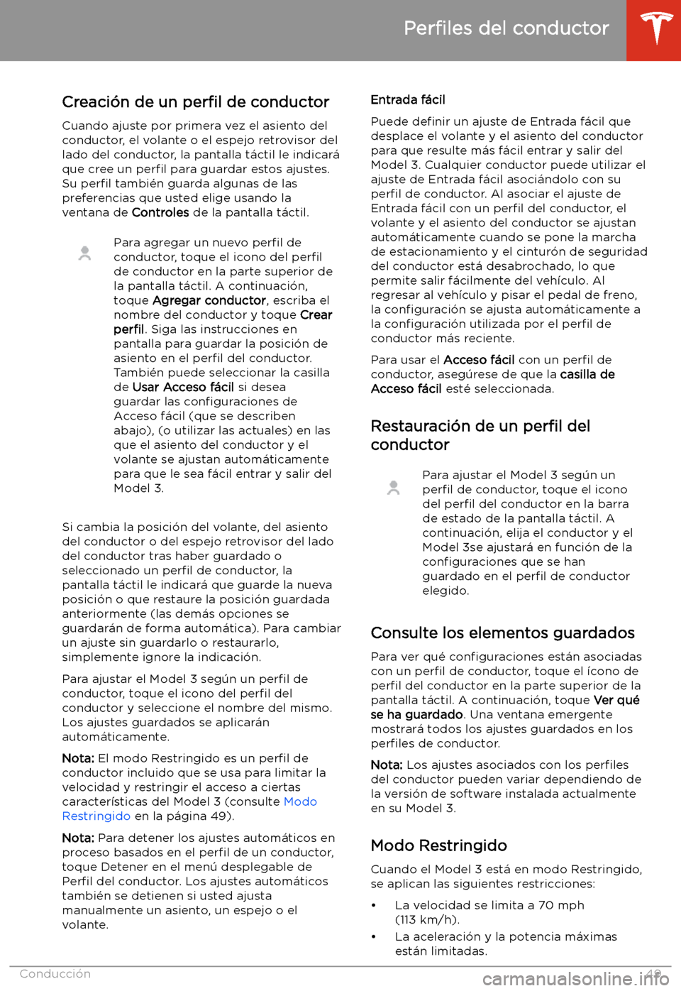 TESLA MODEL 3 2019  Manual del propietario (in Spanish)  Conducci