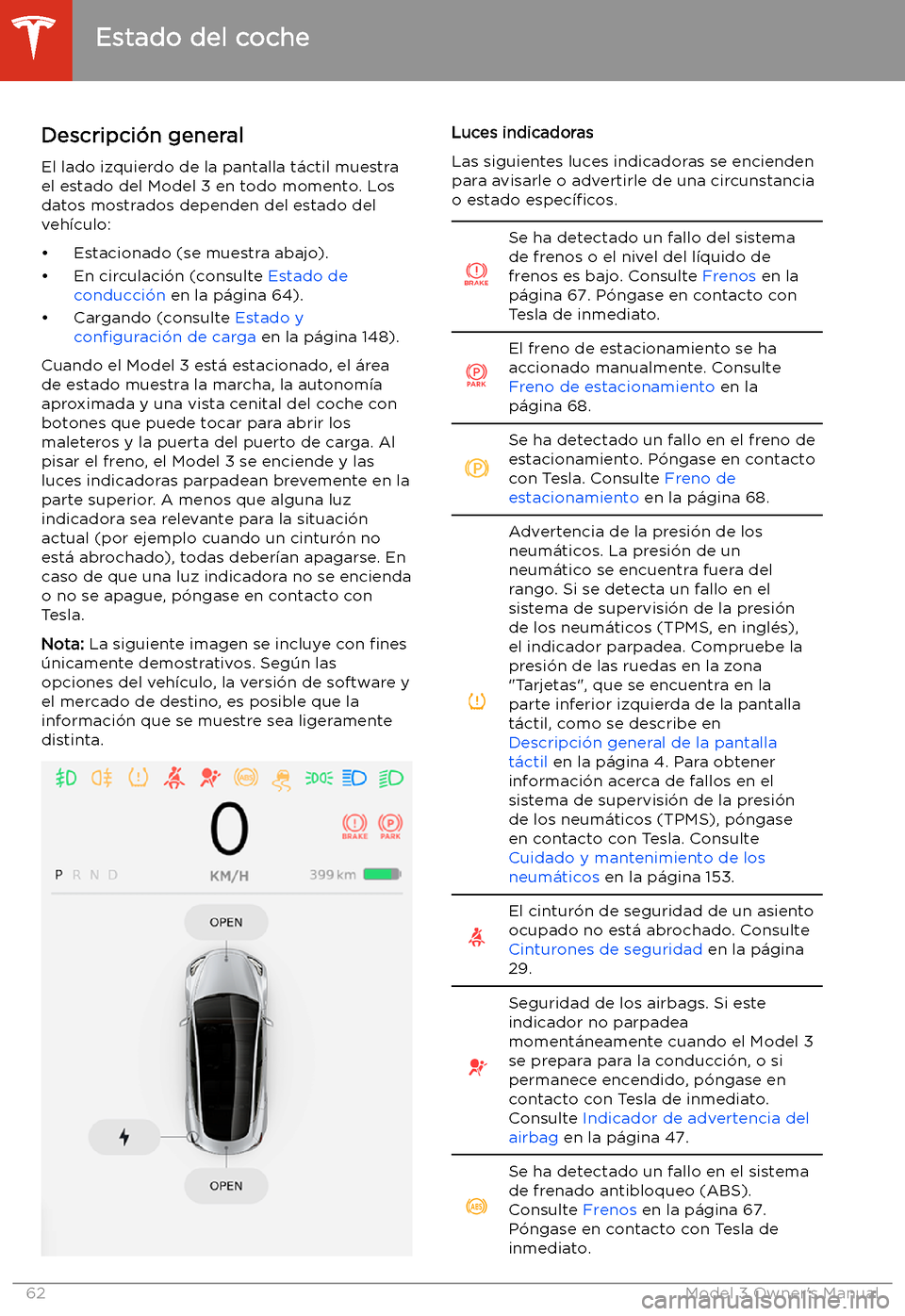 TESLA MODEL 3 2019  Manual del propietario (in Spanish)  Estado del coche
Descripci