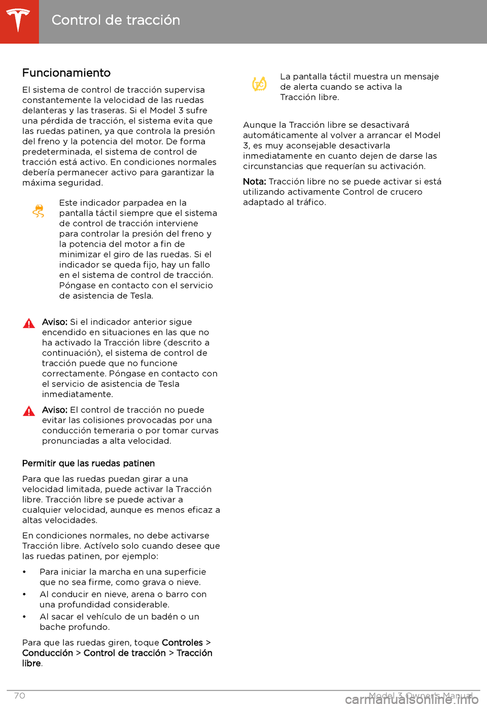 TESLA MODEL 3 2019  Manual del propietario (in Spanish)  Control de tracci