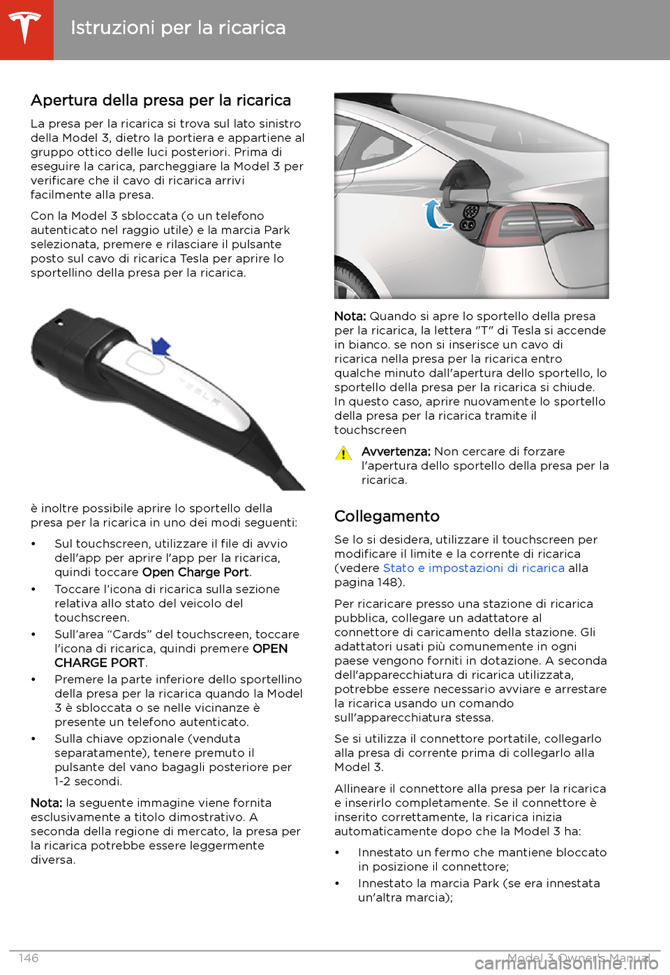 TESLA MODEL 3 2019  Manuale del proprietario (in Italian) Istruzioni per la ricarica
Apertura della presa per la ricarica
La presa per la ricarica si trova sul lato sinistro
della Model 3, dietro la portiera e appartiene al gruppo ottico delle luci posterior