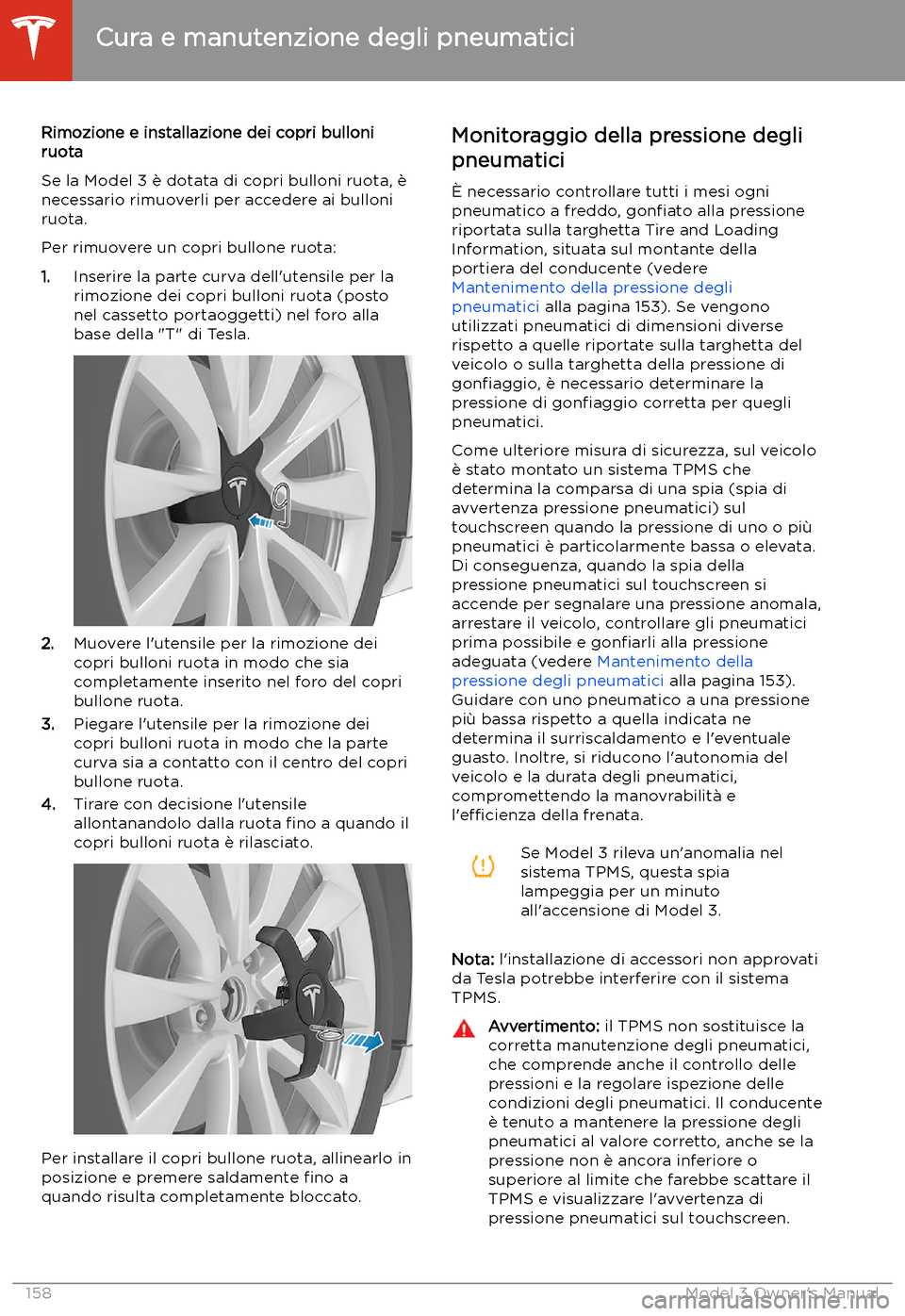 TESLA MODEL 3 2019  Manuale del proprietario (in Italian) Rimozione e installazione dei copri bulloniruota
Se la Model 3 