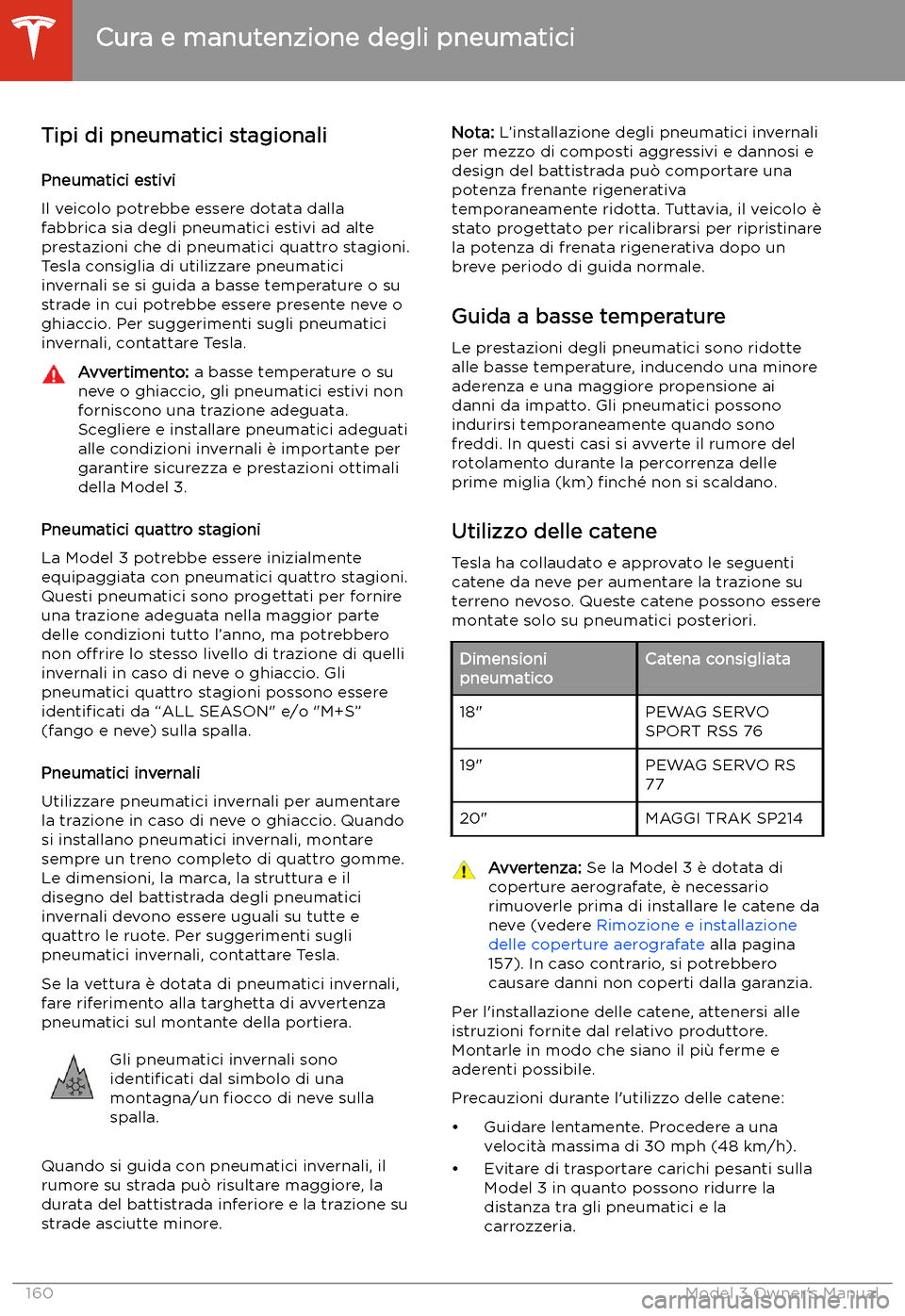 TESLA MODEL 3 2019  Manuale del proprietario (in Italian) Tipi di pneumatici stagionali
Pneumatici estivi
Il veicolo potrebbe essere dotata dalla
fabbrica sia degli pneumatici estivi ad alte
prestazioni che di pneumatici quattro stagioni.
Tesla consiglia di 