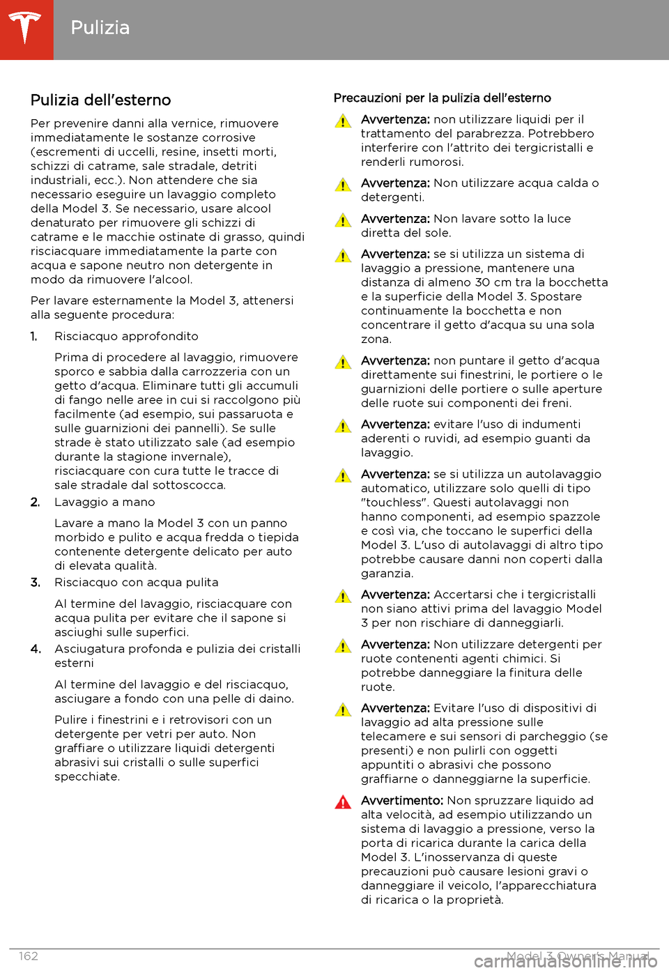 TESLA MODEL 3 2019  Manuale del proprietario (in Italian) Pulizia
Pulizia dell