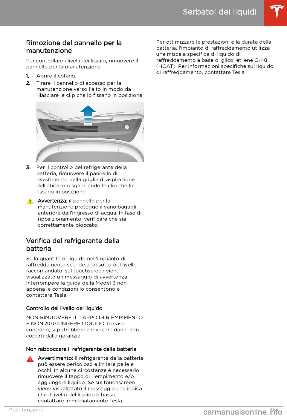 TESLA MODEL 3 2019  Manuale del proprietario (in Italian) Serbatoi dei liquidi
Rimozione del pannello per la
manutenzione
Per controllare i livelli dei liquidi, rimuovere il
pannello per la manutenzione:
1. Aprire il cofano.
2. Tirare il pannello di accesso 
