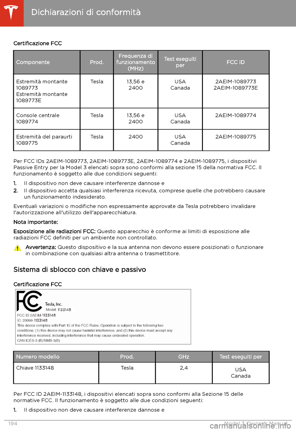 TESLA MODEL 3 2019  Manuale del proprietario (in Italian) Certi