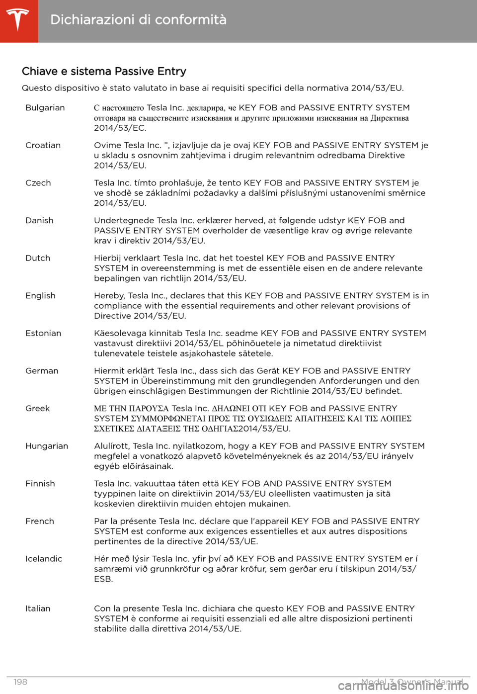 TESLA MODEL 3 2019  Manuale del proprietario (in Italian) Chiave e sistema Passive EntryQuesto dispositivo 