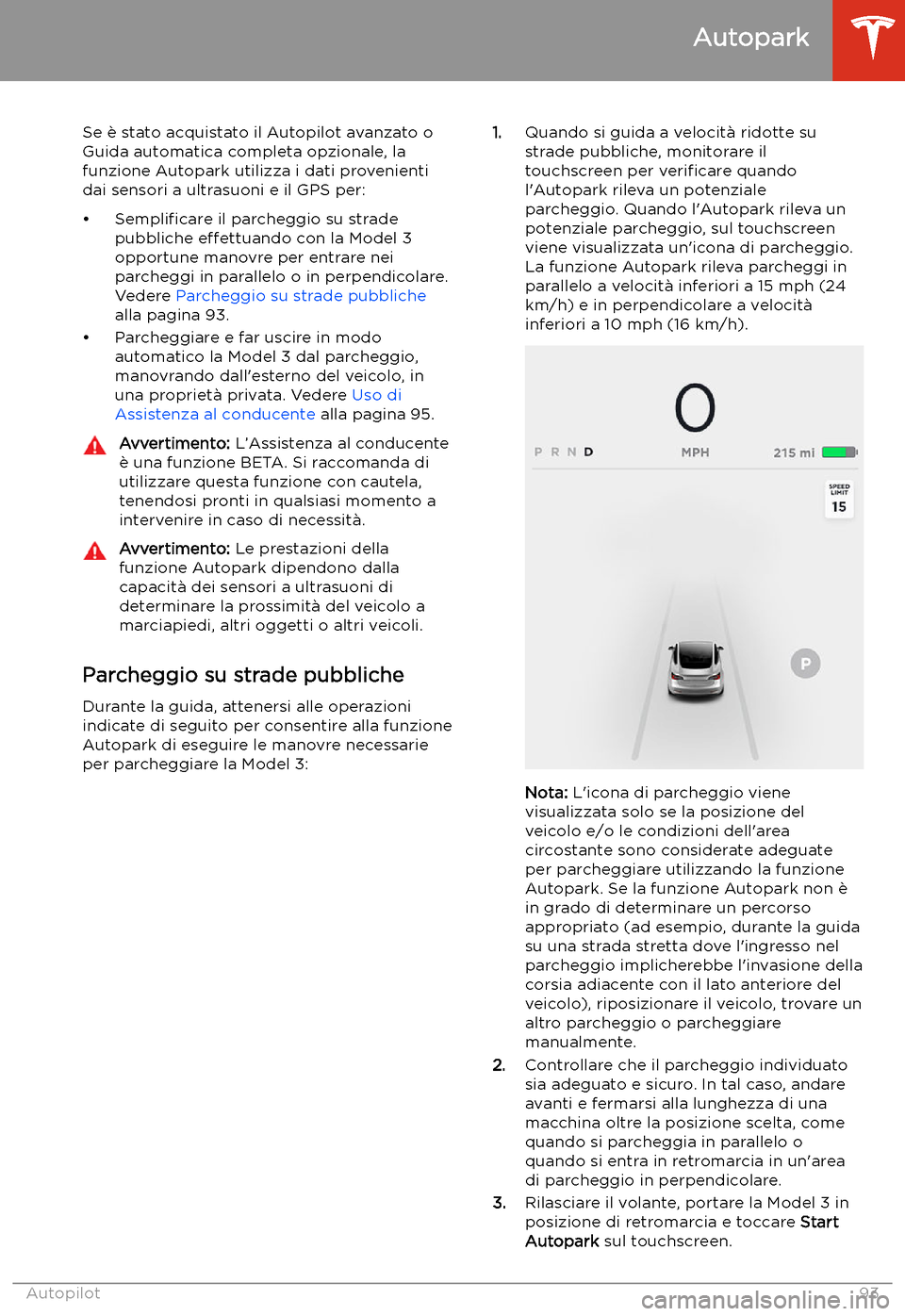TESLA MODEL 3 2019  Manuale del proprietario (in Italian) Autopark
Se 