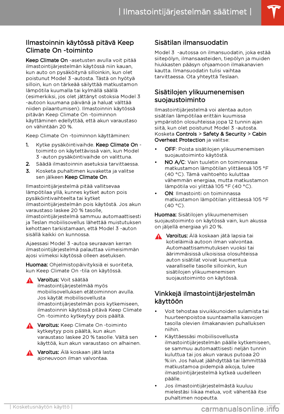 TESLA MODEL 3 2019  Omistajan käsikirja (in Finnish)  Ilmastoinnin k
