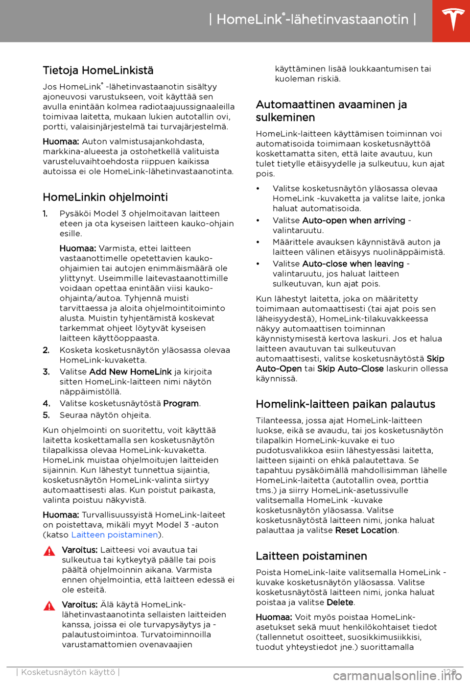 TESLA MODEL 3 2019  Omistajan käsikirja (in Finnish)  HomeLink