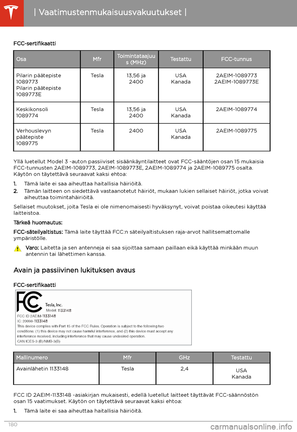 TESLA MODEL 3 2019  Omistajan käsikirja (in Finnish)  FCC-sertifikaattiOsaMfrToimintataajuus (MHz)TestattuFCC-tunnusPilarin p